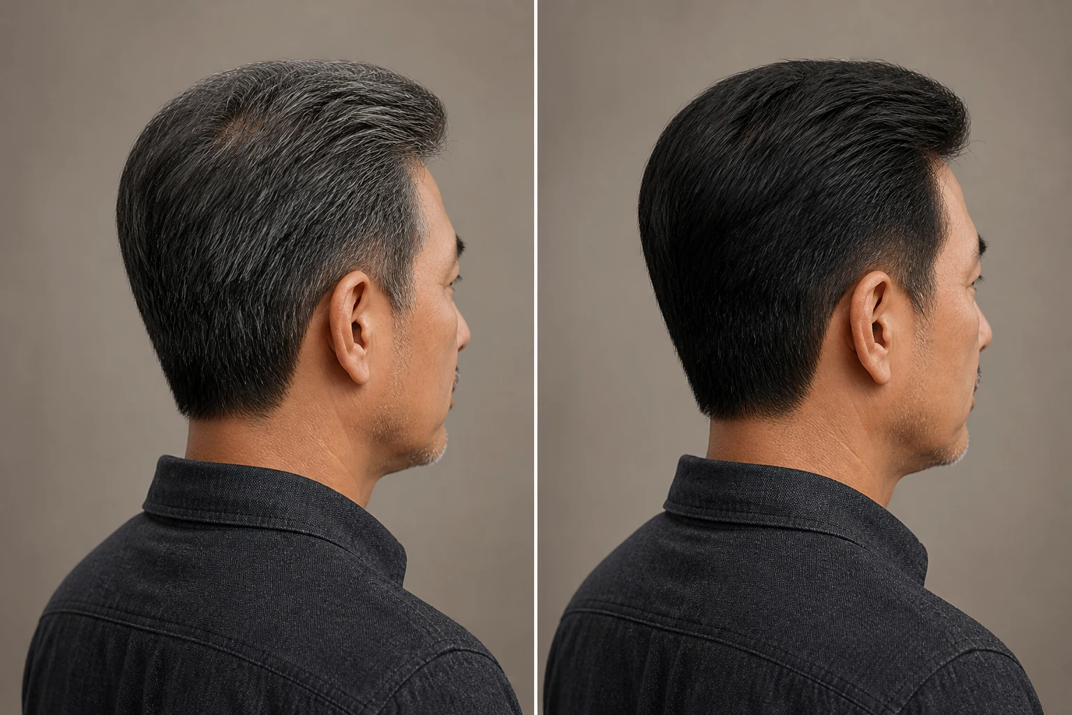 Ilustrasi perbandingan rambut beruban dan rambut yang tampak lebih gelap setelah perawatan rutin