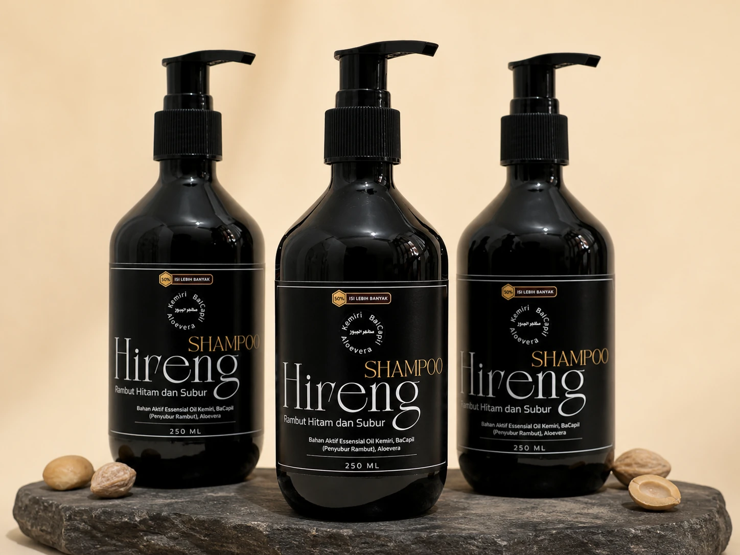 Paket tiga botol shampoo Hireng 250 ml